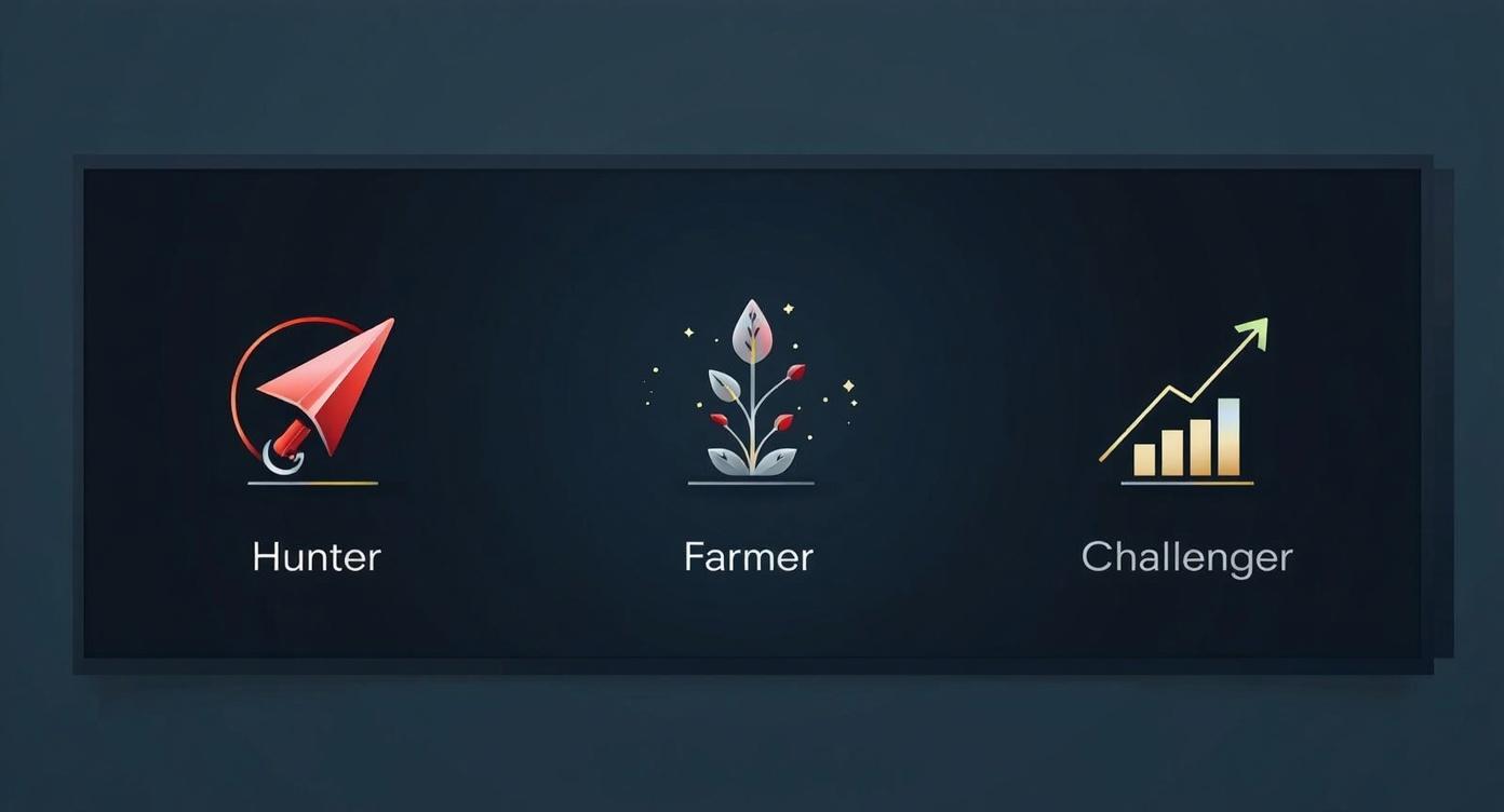 Three sales archetypes: Hunter, Farmer, and Challenger represented visually
