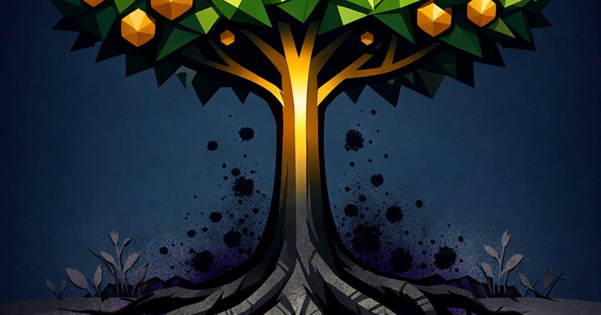 Ilustração conceitual: árvore com copa exuberante mas raízes envenenadas, representando vendedor que performa mas destrói a cultura