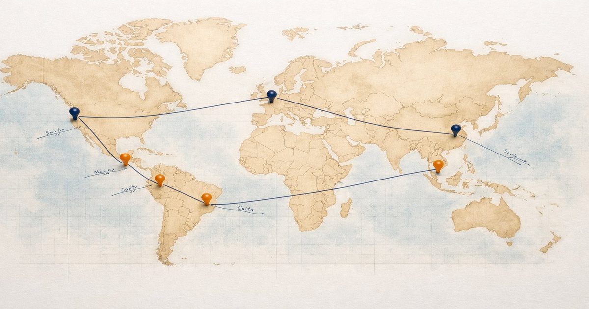 World map with connection lines showing distance between global business hubs and Latin America